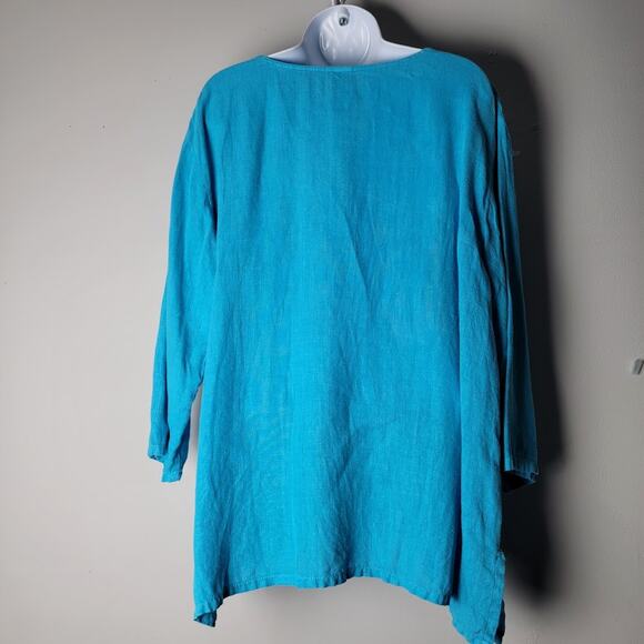Match Point USA Boho 100% Linen Top XL Turquoise 3/4 Sleeve Tunic Lagenlook Boho - Picture 2 of 8